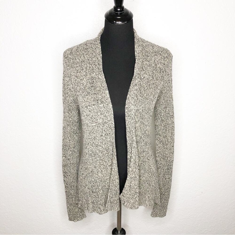 Eileen Fisher cream black marled linen wool blend open front cardigan size Small